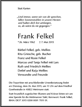 Traueranzeige von Felkel Frank von Rheinische Post