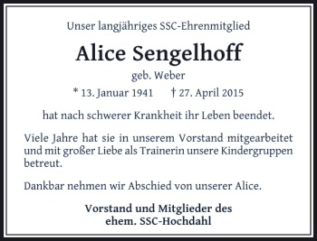 Traueranzeige von Sengelhoff Alice von Rheinische Post