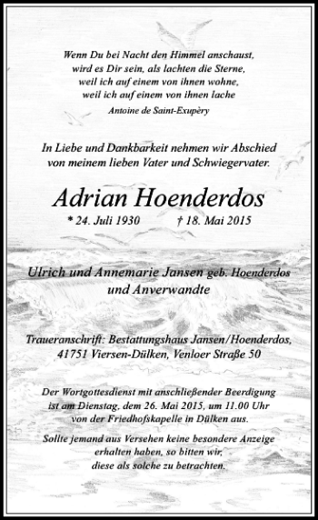 Traueranzeige von Hoenderdos Adrian von Rheinische Post