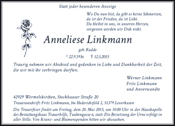 Traueranzeige von Linkmann Anneliese von Rheinische Post