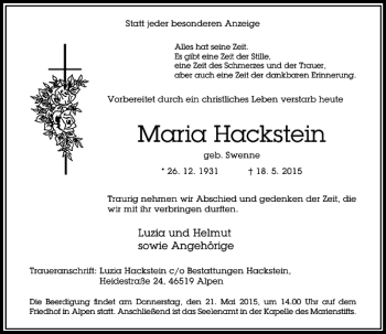 Traueranzeige von Hackstein Maria von Rheinische Post