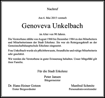 Traueranzeige von Unkelbach Genoveva von Rheinische Post