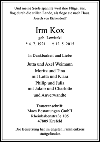 Traueranzeige von KOX IRM von Rheinische Post