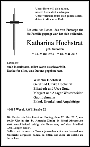 Traueranzeige von Hochstrat Katharina von Rheinische Post