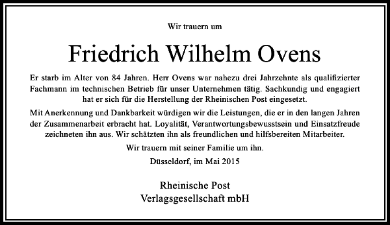  Traueranzeige für Wilhelm Ovens Friedrich vom 20.05.2015 aus Rheinische Post