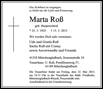 Traueranzeige von Roß Marta von Rheinische Post