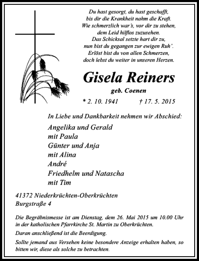  Traueranzeige für Reiners Gisela vom 20.05.2015 aus Rheinische Post