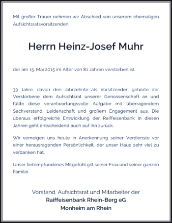 Traueranzeige von Muhr Heinz-Josef von Rheinische Post