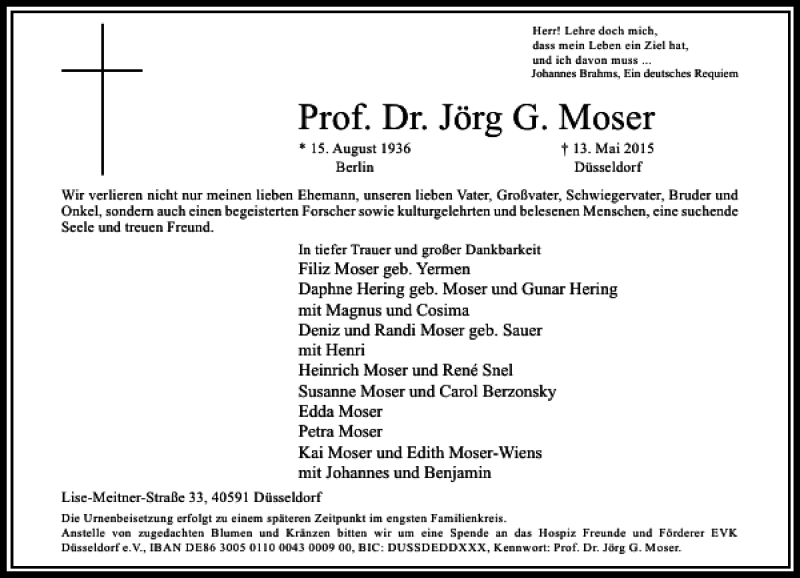  Traueranzeige für Dr. Jörg G. Moser Prof. vom 23.05.2015 aus Rheinische Post