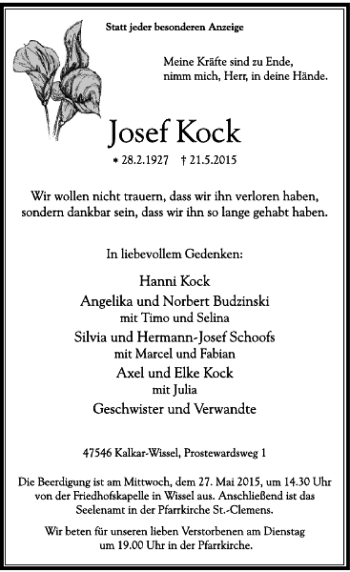 Traueranzeige von Kock Josef von Rheinische Post