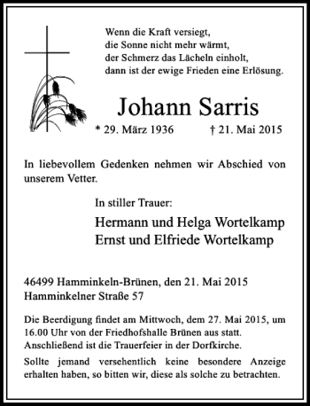 Traueranzeige von Sarris Johann von Rheinische Post