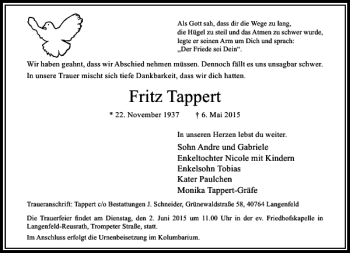 Traueranzeige von Tappert Fritz von Rheinische Post