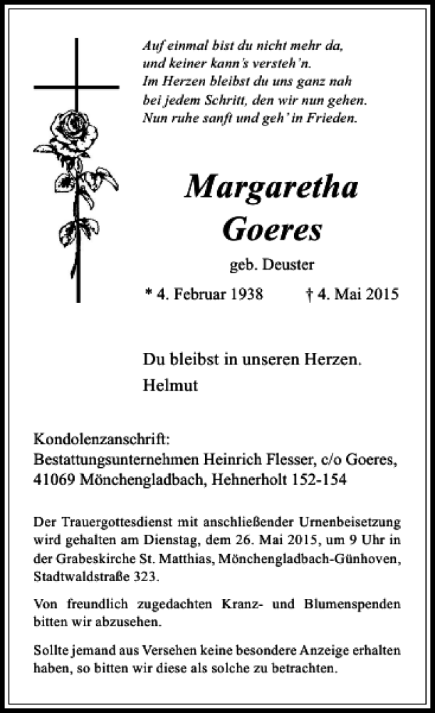  Traueranzeige für Goeres Margaretha vom 23.05.2015 aus Rheinische Post