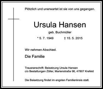 Traueranzeige von Hansen Ursula von Rheinische Post