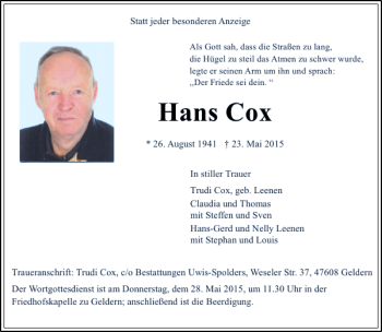 Traueranzeige von Cox Hans von Rheinische Post