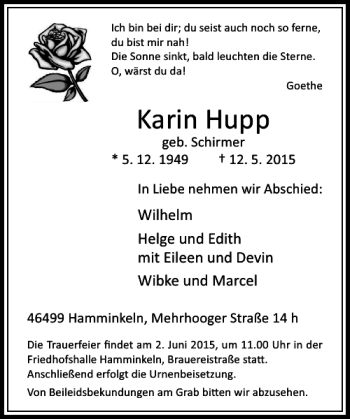 Traueranzeige von Hupp Karin von Rheinische Post