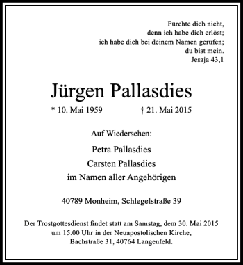 Traueranzeige von Pallasdies Jürgen von Rheinische Post