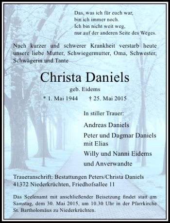 Traueranzeige von Daniels Christa von Rheinische Post