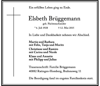 Traueranzeige von Brüggemann Elsbeth von Rheinische Post