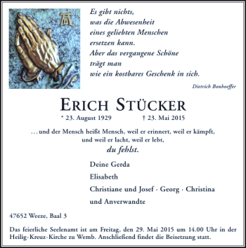 Traueranzeige von Stücker Erich von Rheinische Post