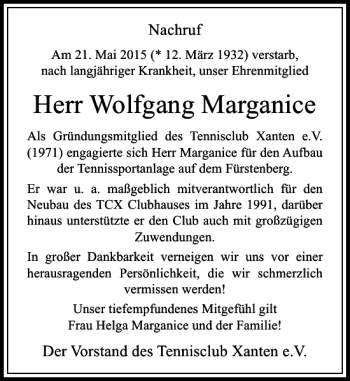 Traueranzeige von Marganice Wolfgang von Rheinische Post