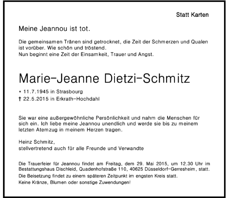  Traueranzeige für Dietzi-Schmitz Marie-Jeanne vom 27.05.2015 aus Rheinische Post