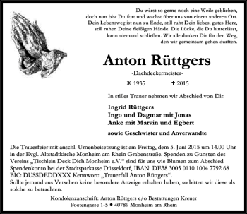 Traueranzeige von Rüttgers Anton von Rheinische Post