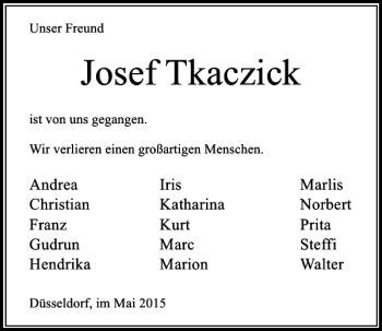 Traueranzeige von Tkaczick Josef von Rheinische Post