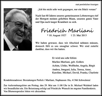 Traueranzeige von Marliani Friedrich von Rheinische Post