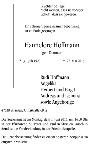 Traueranzeige von Hoffmann Hannerlore von Rheinische Post