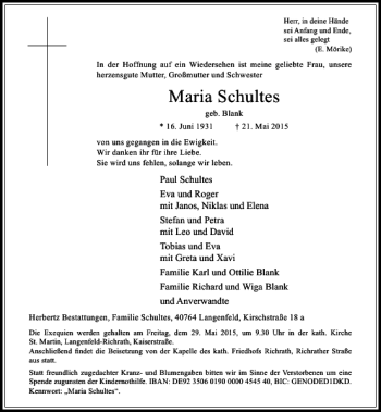 Traueranzeige von Schultes Maria von Rheinische Post