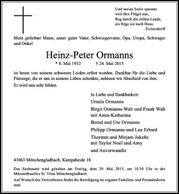 Traueranzeige von Ormanns Heinz-Peter von Rheinische Post