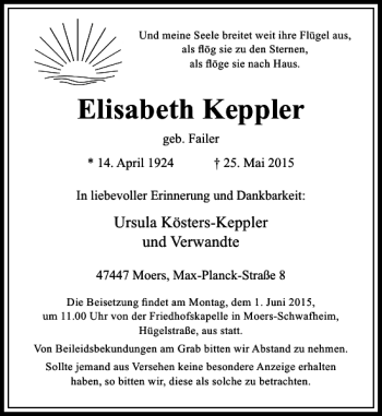 Traueranzeige von Keppler Elisabeth von Rheinische Post