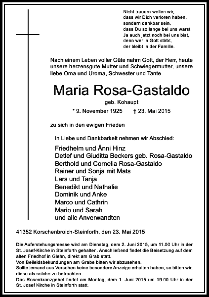  Traueranzeige für Rosa-Gastaldo Maria vom 29.05.2015 aus Rheinische Post