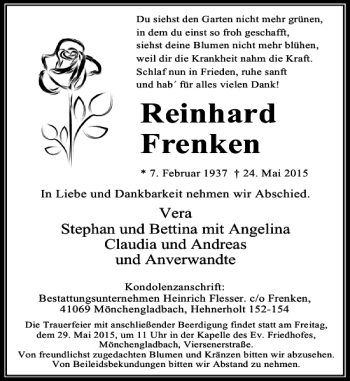 Traueranzeige von Frenken Reinhard von Rheinische Post