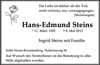 Traueranzeige von Steins Hans-Edmund von Rheinische Post