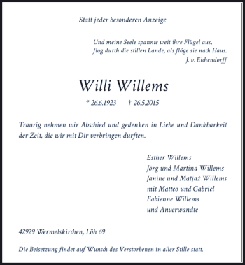 Traueranzeige von Willems Willi von Rheinische Post