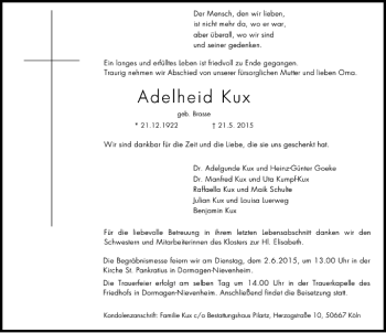 Traueranzeige von Kux Adelheid von Rheinische Post