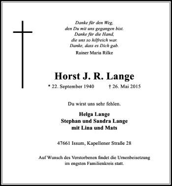 Traueranzeige von Lange Horst von Rheinische Post