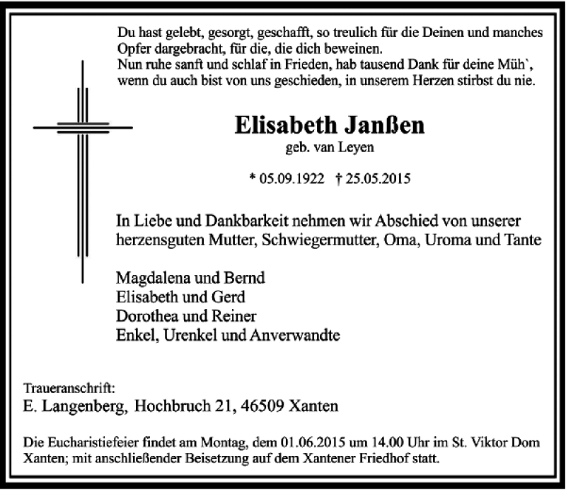  Traueranzeige für Janßen Elisabeth vom 28.05.2015 aus Rheinische Post