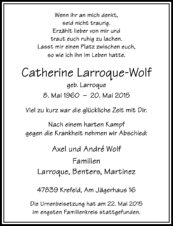 Traueranzeige von Larroque-Wolf Catherine von Rheinische Post