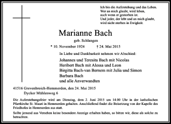 Traueranzeige von Bach Marianne von Rheinische Post