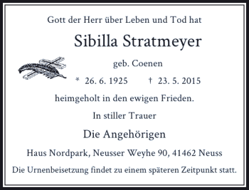 Traueranzeige von Stratmeyer Sibilla von Rheinische Post