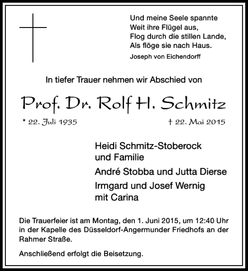  Traueranzeige für H. Schmitz Rolf vom 28.05.2015 aus Rheinische Post