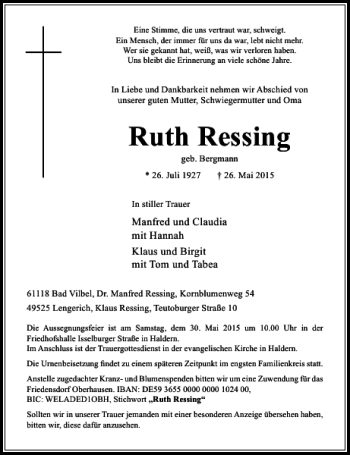 Traueranzeige von Ressing Ruth von Rheinische Post