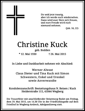 Traueranzeige von Kuck Christine von Rheinische Post