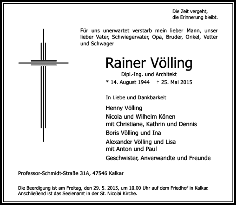  Traueranzeige für Völling Rainer vom 28.05.2015 aus Rheinische Post
