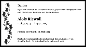 Traueranzeige von Riewoll Alois von Rheinische Post