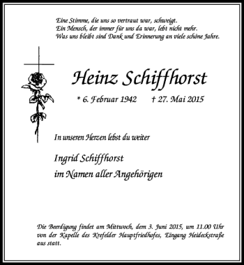 Traueranzeige von Schiffhorst Heinz von Rheinische Post