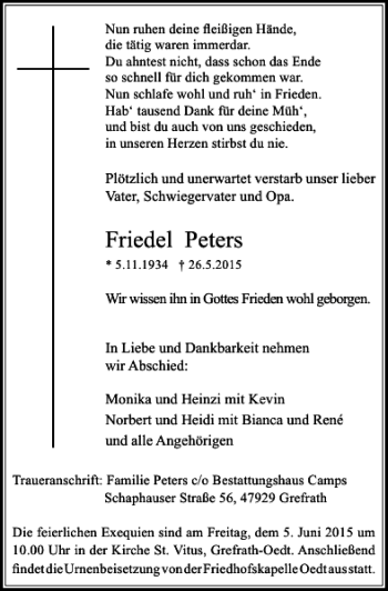 Traueranzeige von Peters Friedel von Rheinische Post